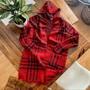Hooded Long Coatigan/Cardigan Sweater Giles Plaid Red Black M